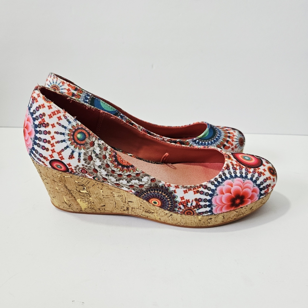 Desigual Multicolor Floral Print Cork Wedge Pumps